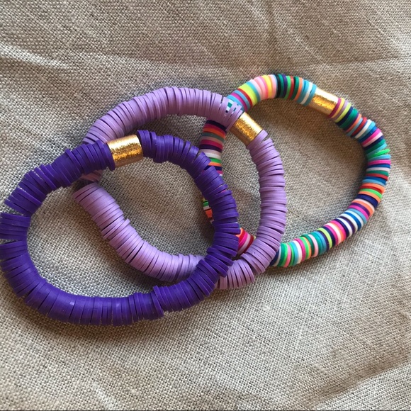 Stack 3 new heishi disk bracelets clay multi color - Picture 2 of 3